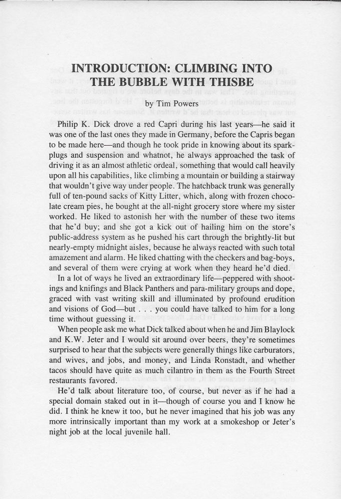 Item #403410 Foreword / Afterword to The Broken Bubble. Philip K. Dick, Tim Powers / James Blaylock.