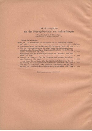 Die chemische Abscheidung der bei der Spaltung des Urans entstehenden Elemente und Atomarten (Allgemeiner Teil): Aus den Abhandlungen der Preussischen Akademie der Wissenschaften, Jahrgang 1944, Math-Naturw. Klasse, N° 12.