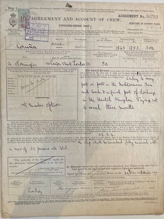 Item #404552 Agreement and Account of Crew, Foreign-Going Ship, Coruña: Cadiz to Mediterranean...