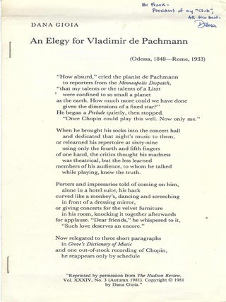 Item #405555 An Elegy for Vladimir de Pachmann. Dana Gioia