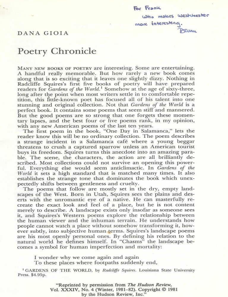Item #405558 Poetry Chronicle. Dana Gioia.